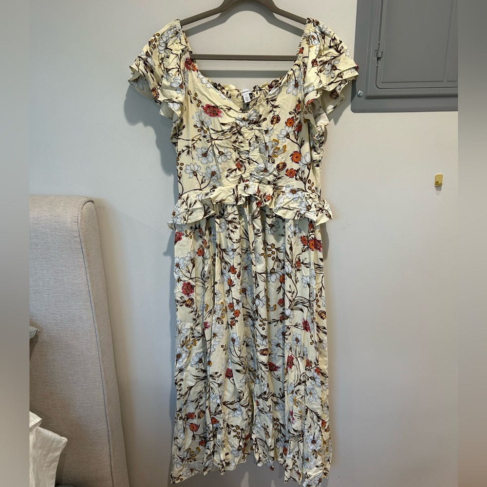 Nordstrom Cream Floral Ruffle Midi Dress with Red & Orange Accents